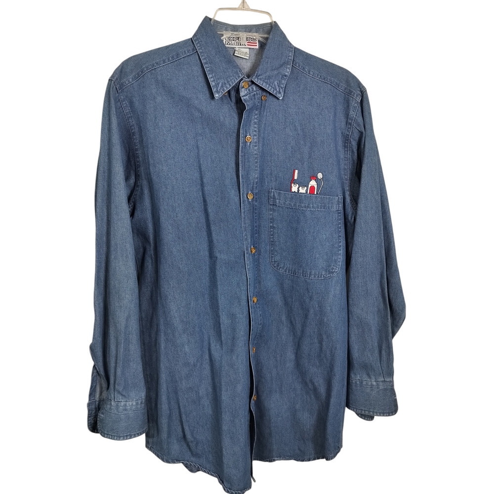 3193)Vintage Express Mark Dental Tool Long Sleeve Button Down Denim Top Sz Small